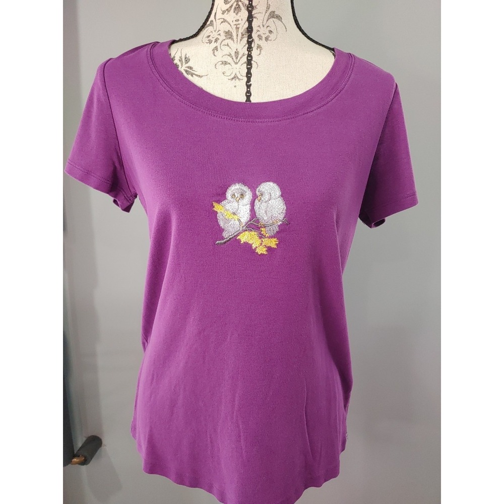 Y2K Fashion Bug Embroidered Owl Purple Tee Shirt Top sz Large Granny Fairy
